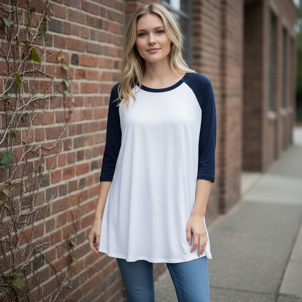 Heart Hips Navy Blue White Raglan 3/4 Sleeve Tunic Top Wmn Lg Stretchy Sporty